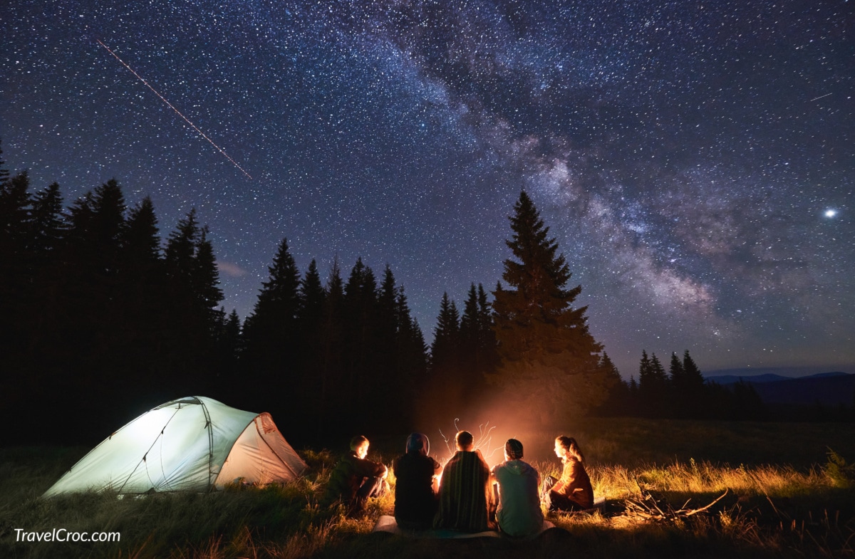 Camping under the stars with a campfire