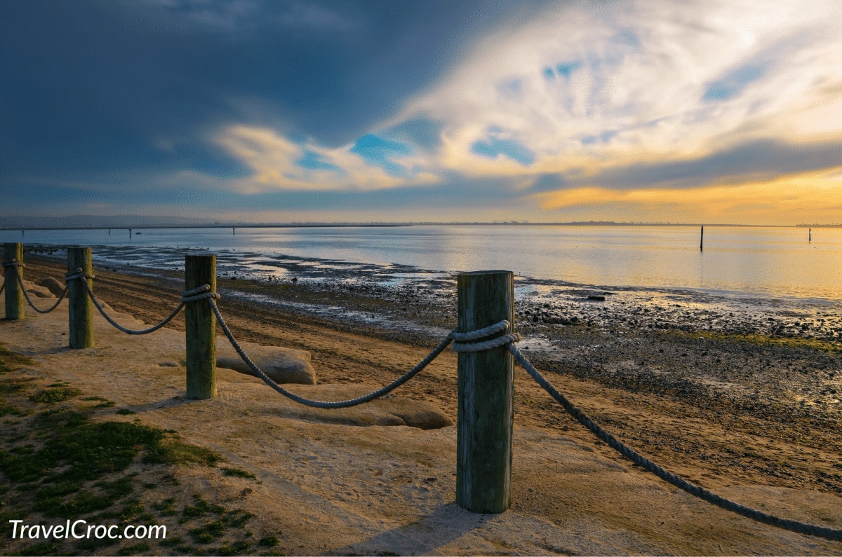 Sunset seascape with panoramic view of San Diego Bay as seen from Chula Vista Bayside Park, in Southern California