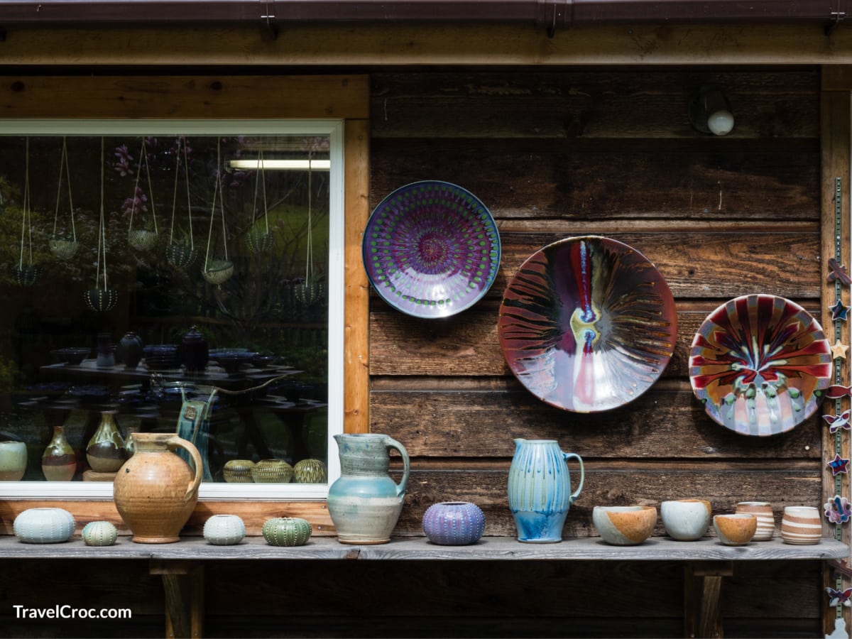 Outdoor artistic pottery display at Orcas Island Pottery store