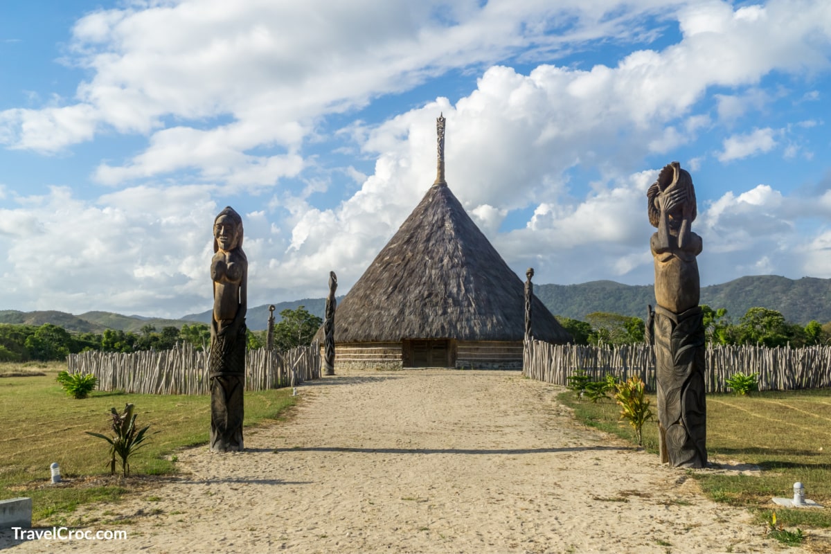 Typical kanak hut with totems in New Caledonia