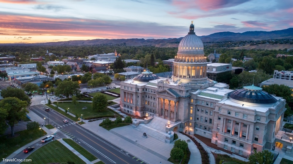 Aerial shot of the Boise Capital building at night - Seattle To Yellowstone Road Trip