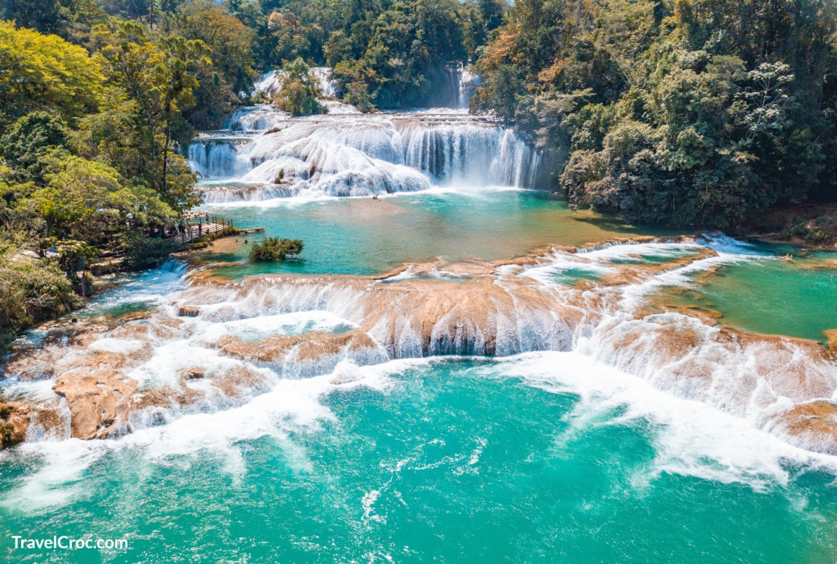 Aerial view of the majestic turquoise waterfalls at Agua Azul