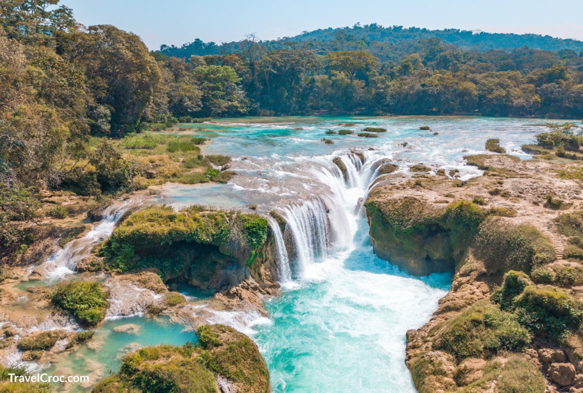 Aerial view of the turquoise waterfalls at Las Nubes in Chiapas Mexico