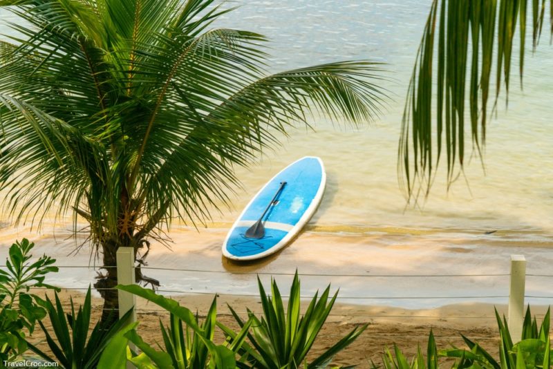 Image of a paddle board along the shore at Half Moon Bay in Roatan Honduras - Honduras Beaches