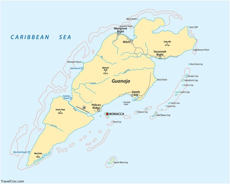 Map of the Honduran Caribbean Island of Guanaja, Honduras