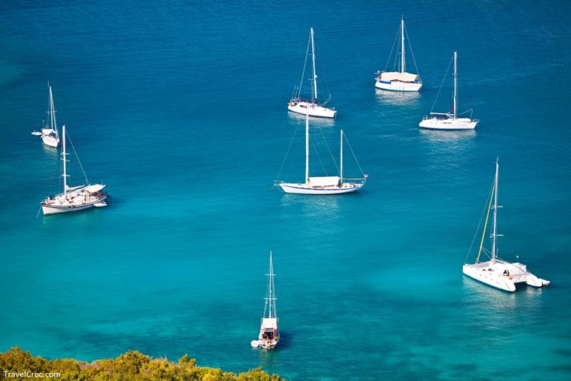 Antigua in February - Sailboats at the entrance of English Harbor in Antigua, seen from a hill.