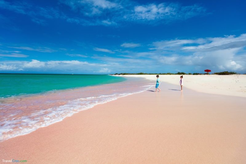 Two kids happily running at unique Pink sand beach on tropical Barbuda island in Caribbean - Antigua in August