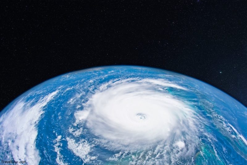 View space of the incipient large hurricane over the ocean. Antigua Hurricane Season