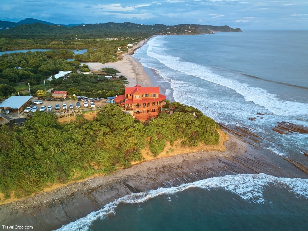 Surfing in Nicaragua - Santana beach aerial drone view in Nicaragua. Shore line for surfers