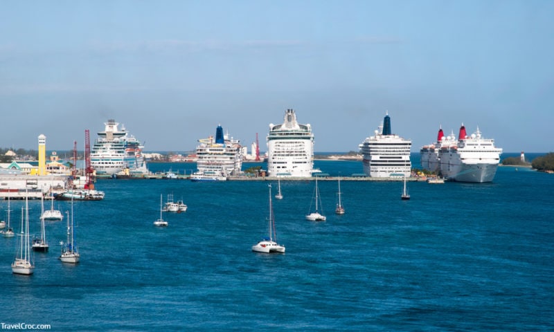 Six cruise ships moored in Nassau, the most popular port in Caribbean Bahamas - Miami to Bahamas By Boat