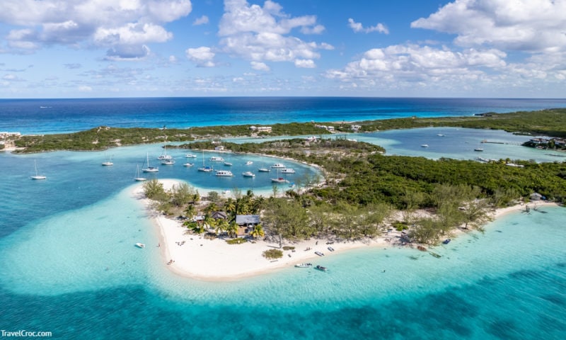 The drone aerial view of Stocking Island, Great Exuma, Bahamas. Miami to Bahamas Day Tours
