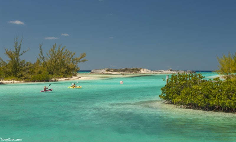 Kayakers headed out of a harbor at Cat Island Bahamas