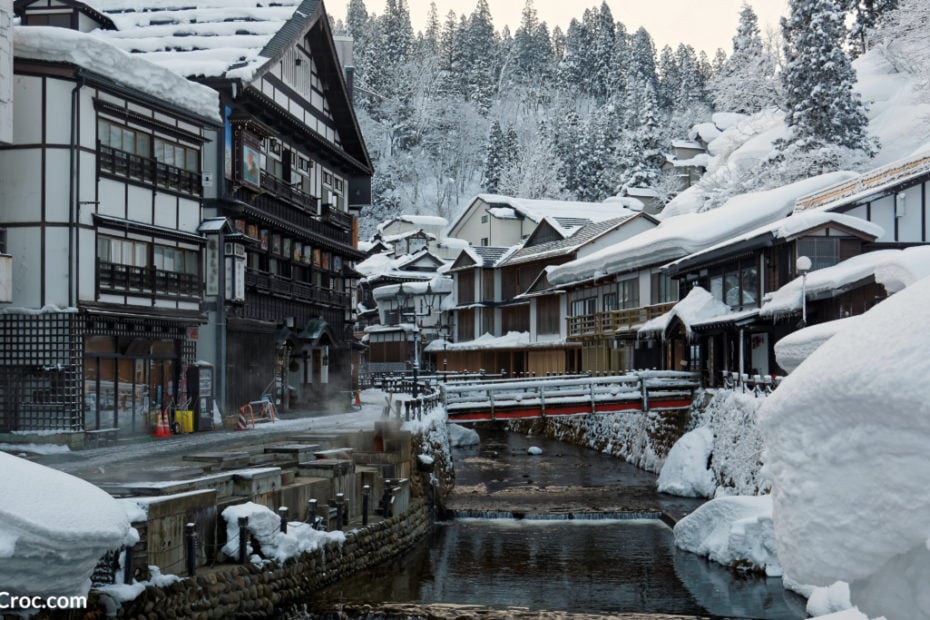 Winter scenery of Ginzan Onsen, a famous Japanese hot spring town in Obanazawa, Yamagata, Japan