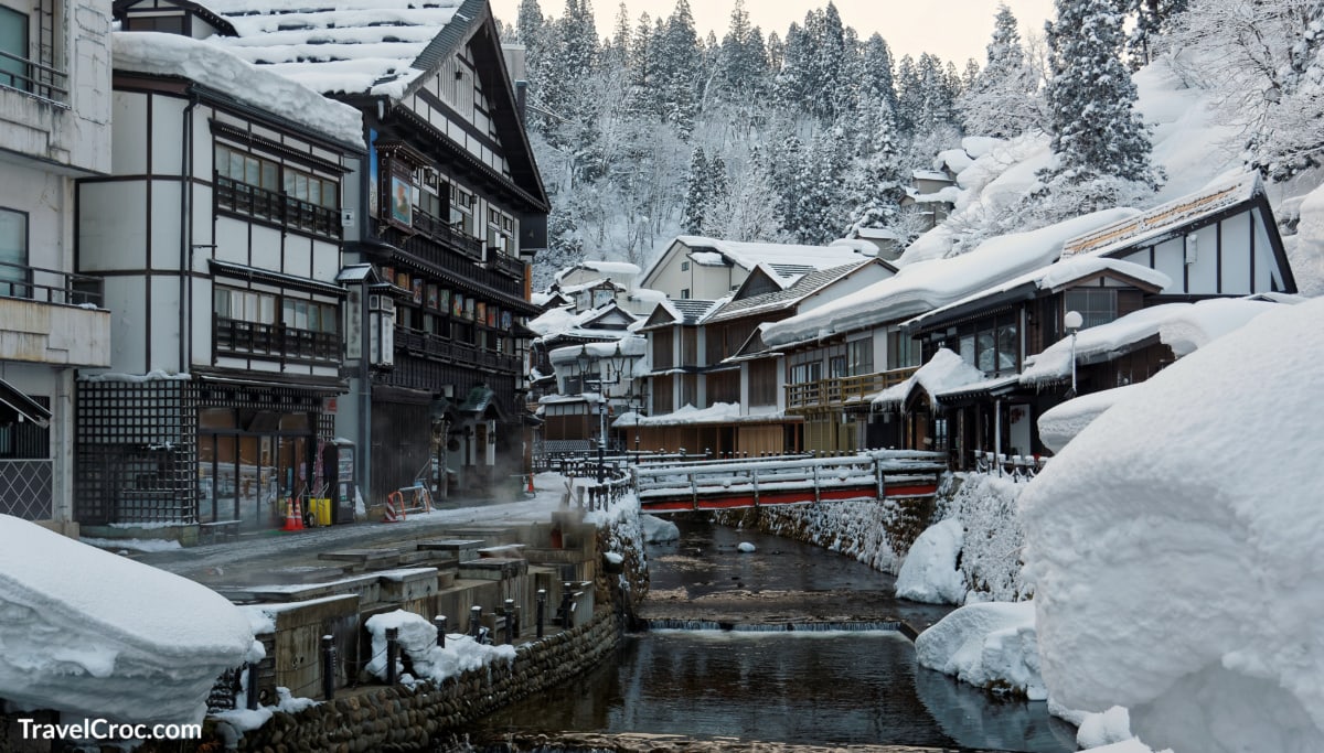 Winter scenery of Ginzan Onsen, a famous Japanese hot spring town in Obanazawa, Yamagata, Japan