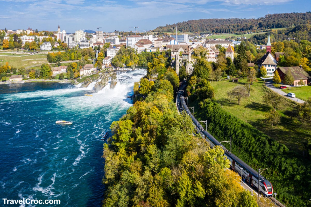 View of Rhine Falls and cityscape at the best time to visit switzerland