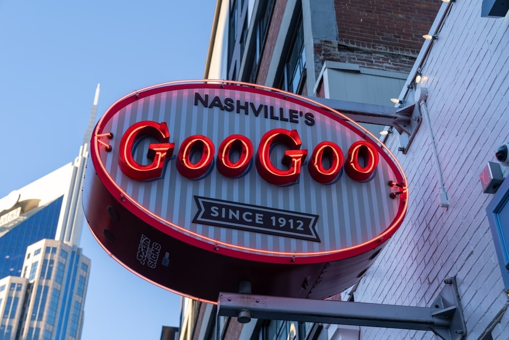 Nashville, Tennessee - January 10, 2022: The Goo-Goo shop and factory store, iconic to Nashville since 1912, home of the Goo-Goo Cluster, which combine caramel, marshmallow, nuts, and chocolate
