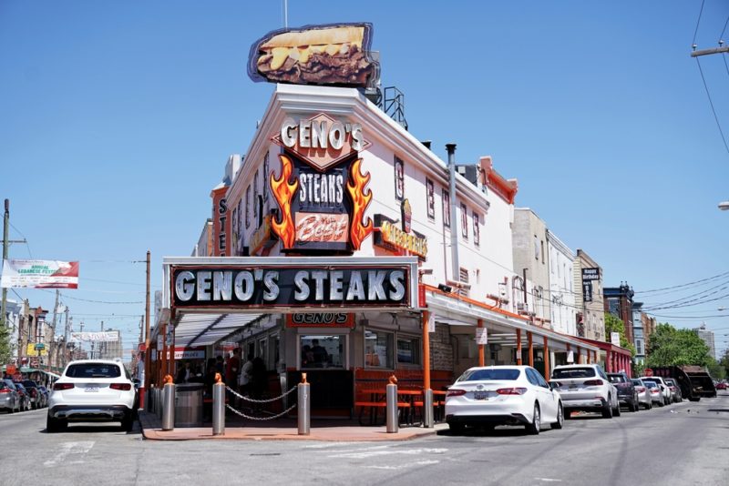 The Famous Geno's Steaks on a bright and sunny day